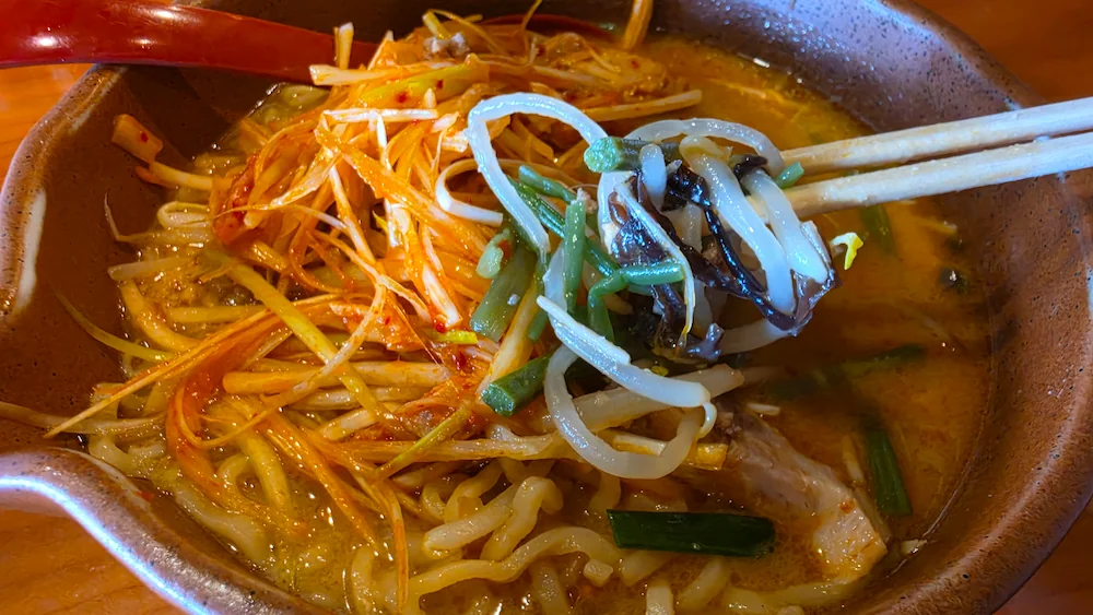 千代商店の信州味噌肉ネギらーめんの麺と山菜とネギ